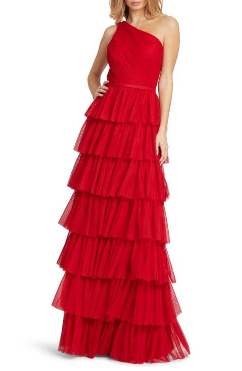 Ruffled One-Shoulder A-Line Gown