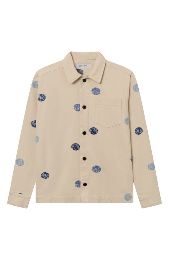 Shop Les Deux Layton Oversize Embroidered Basketball Denim Button-up Shirt Jacket In Ivory