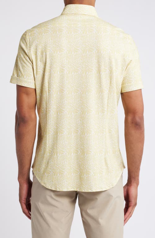 Shop Emanuel Berg 4flex Modern Fit Leaf Print Short Sleeve Knit Button-up Shirt In Bright Yellow