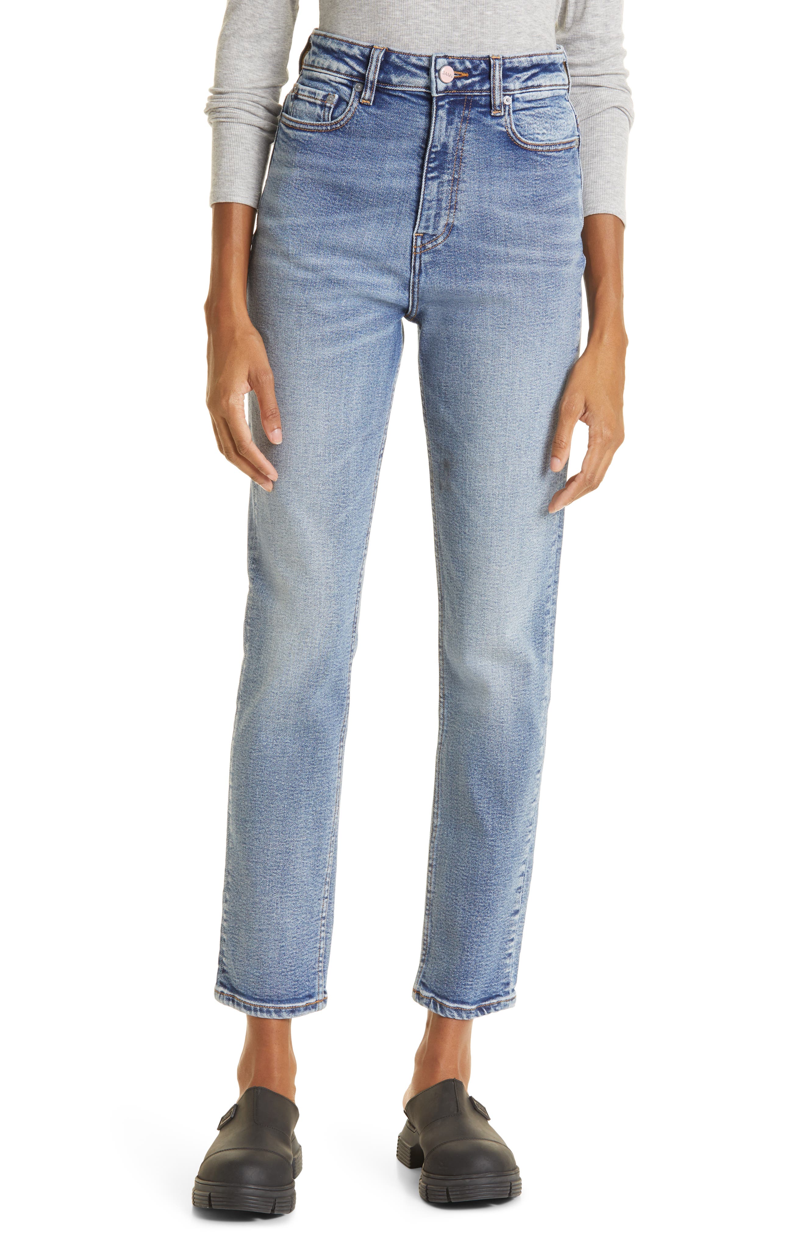 mid blue slim wide leg jeans