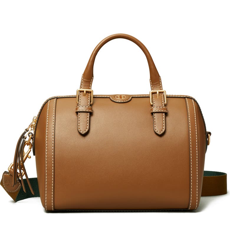 TORY BURCH T Monogram Leather Barrel Shoulder Bag, Main, color, MOOSE