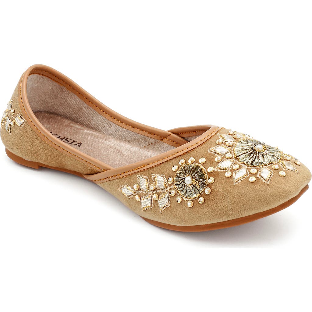 Fuchsia Whistledown Embroidered Jutti Flat In Gold