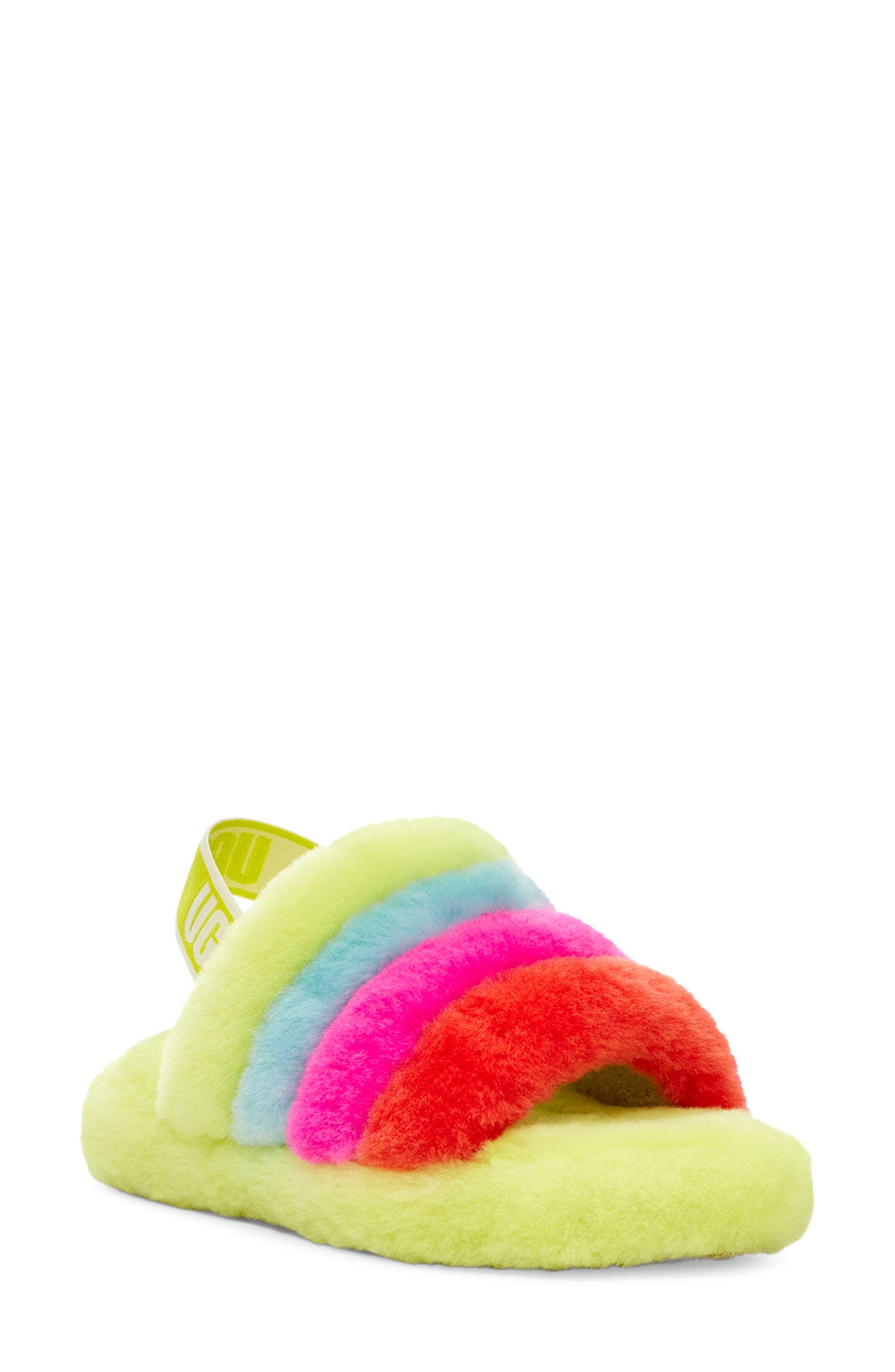 neon rainbow ugg slides