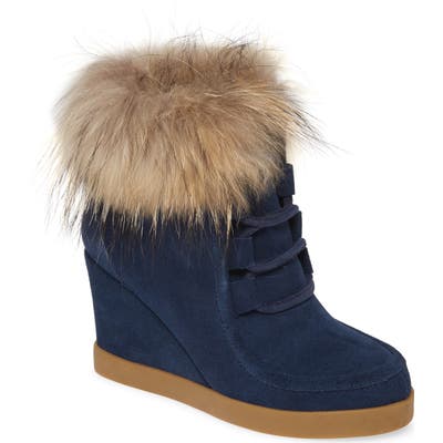 Cecelia New York Holly Wedge Bootie With Genuine Fox Fur Trim- Blue