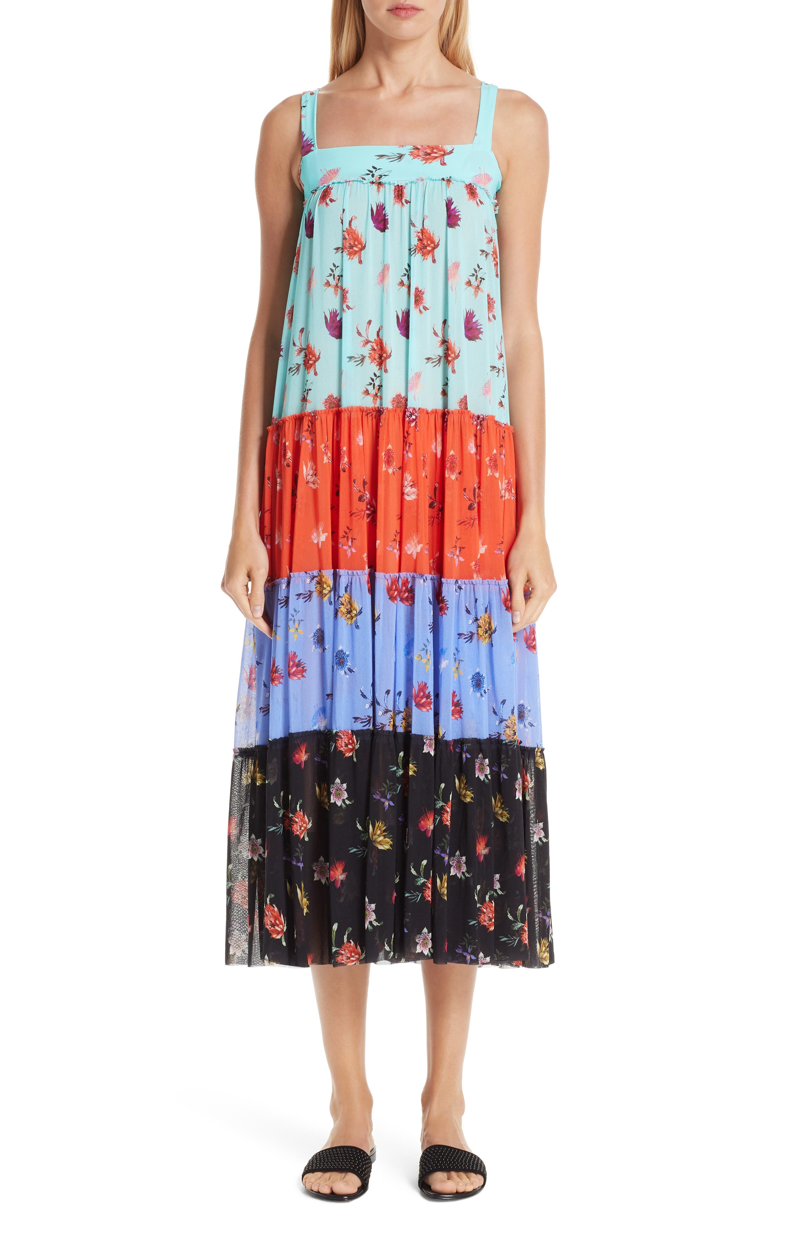 Fuzzi Tiered Patchwork Midi Dress, Blue