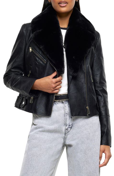 Topshop Faux Leather Moto Jacket With Removable Faux Fur Collar