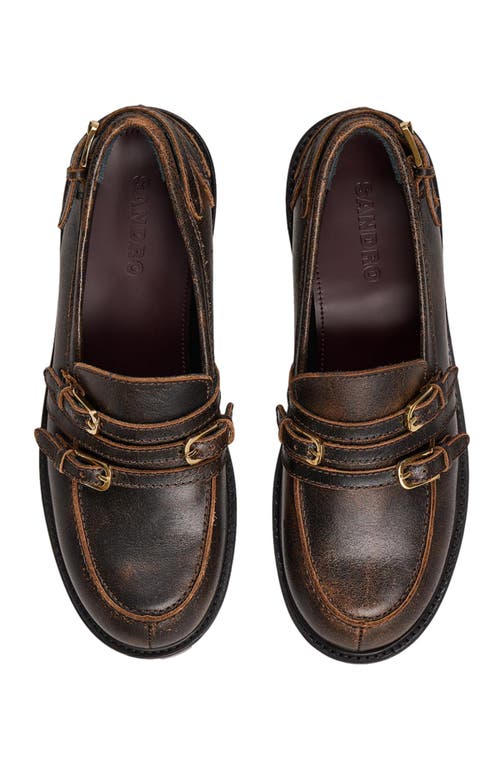 Shop Sandro Distressed Leather Loafers In Brown