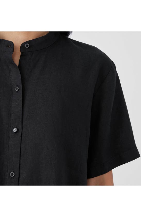 Shop Eileen Fisher Band Collar Short Sleeve Organic Linen Button-up Shirt In Black