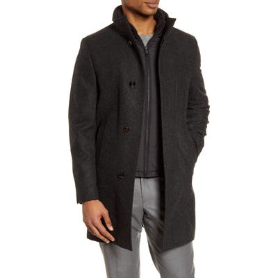 Big & Tall Ted Baker London Funnel Neck Wool Blend Coat With Inset Bib, Grey