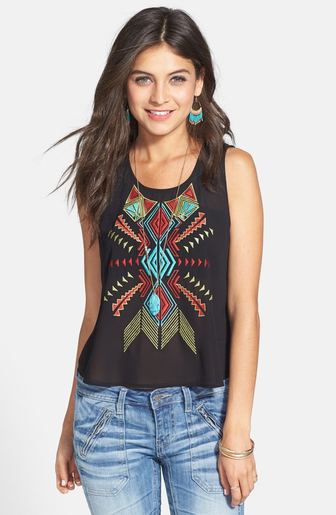 Embroidered Front Sheer Tank (Juniors) Nordstrom