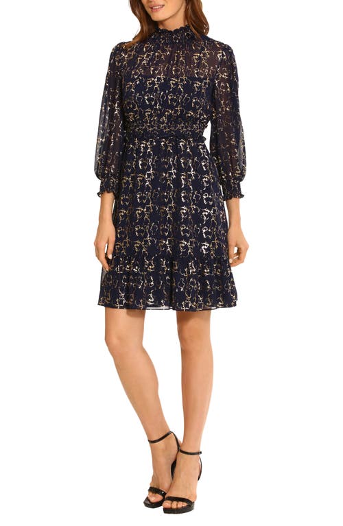 Maggy London Smocked Three-quarter Sleeve Minidress In Navy/gold