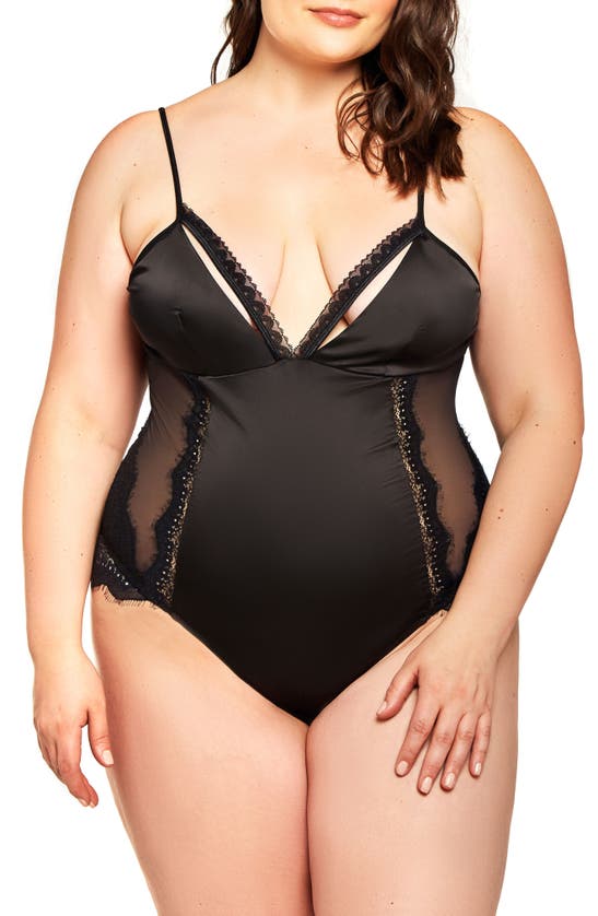Icollection Erica Plus Size Satin, Lace And Mesh Teddy With Strappy Lace Detail Lingerie Set In Black