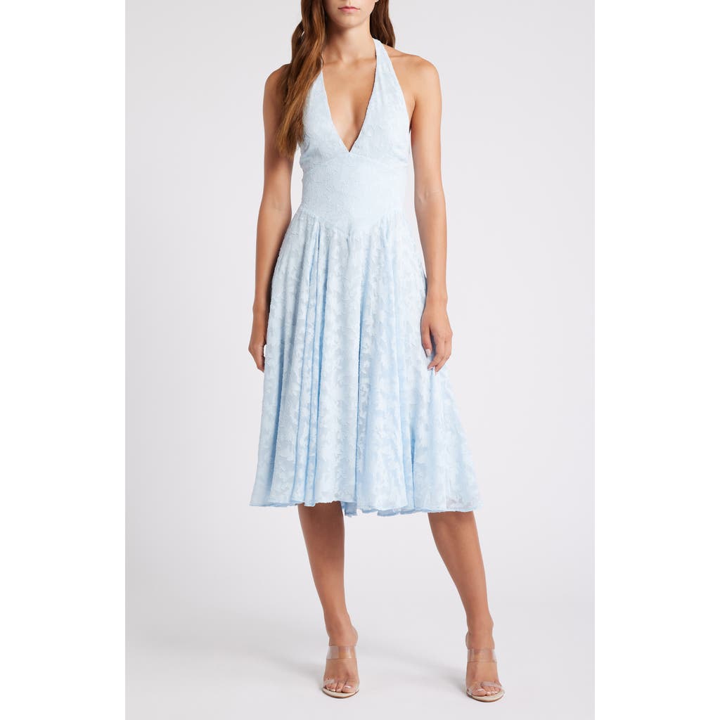 HOUSE OF CB HOUSE OF CB ARIETTA FLORAL JACQUARD PLUNGE HALTER NECK DRESS