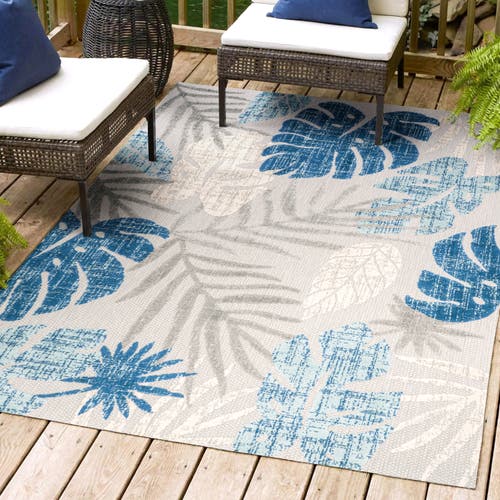 Jonathan Y Monstera Tropical Leaf High-low Indoor/outdoor Area Rug In Light Gray/navy