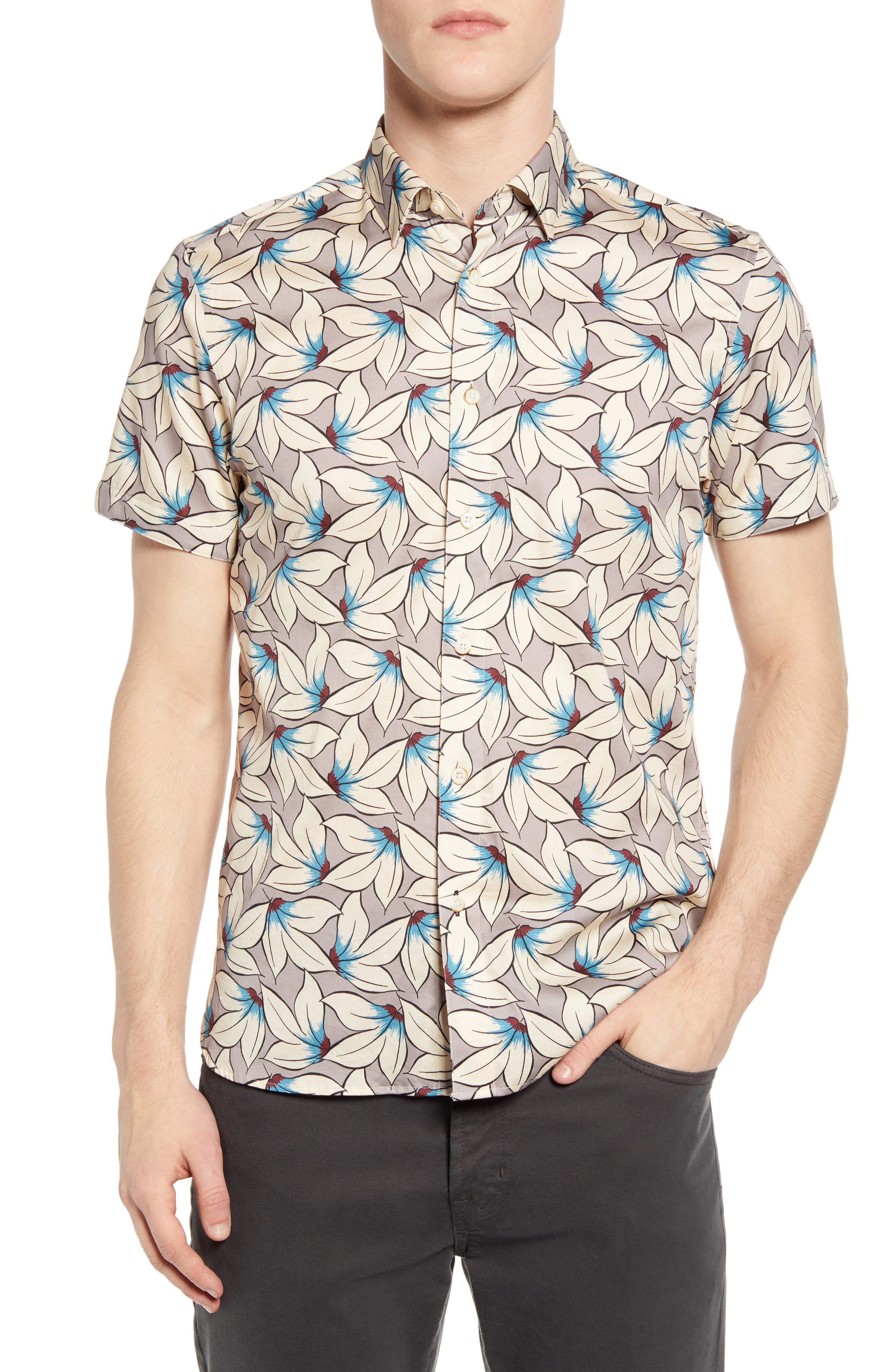 Ted Baker Slim Fit Floral Short Sleeve Button-up Shirt In Natural