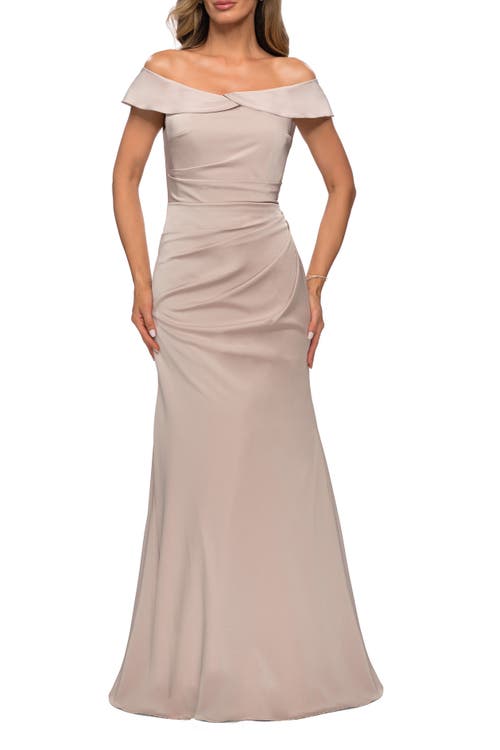 Shop La Femme Off The Shoulder Satin Evening Gown With Ruching In Champagne