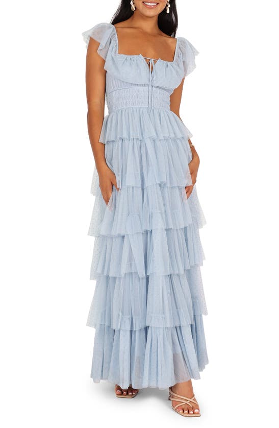 Shop Petal And Pup Petal & Pup Belle Swiss Dot Tulle Tiered Maxi Dress In Blue