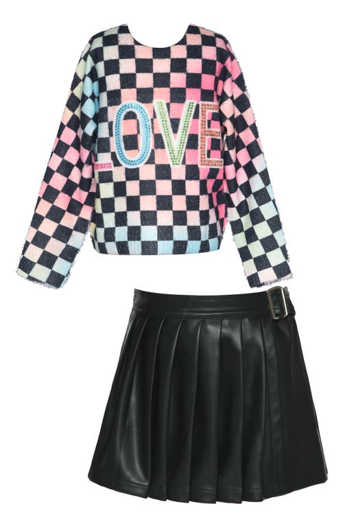 Shop Truly Me Kids' Checkerboard Print Sweater & Faux Leather Skort Set In Black