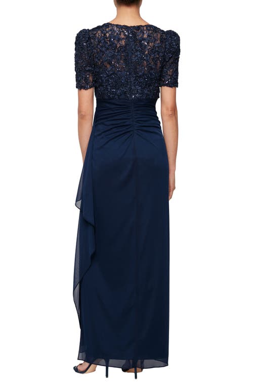Alex Evenings Embellished Short Sleeve Empire Waist Gown In Navy