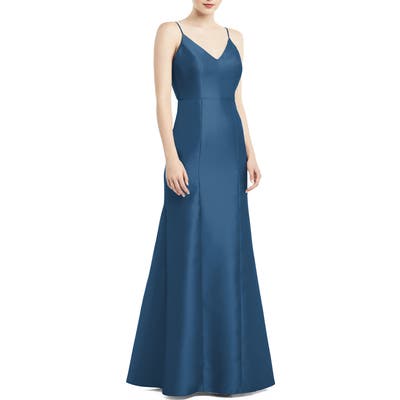 Alfred Sung Bow Back Satin Twill Trumpet Gown, Blue