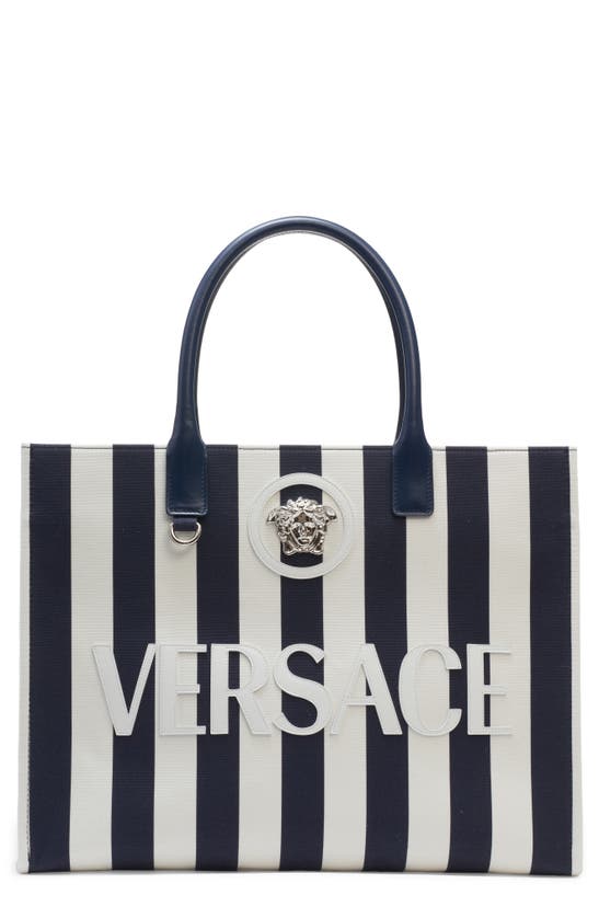 Shop Versace Large La Medusa Logo Stripe Canvas Tote In Navy/ White/ Palladium
