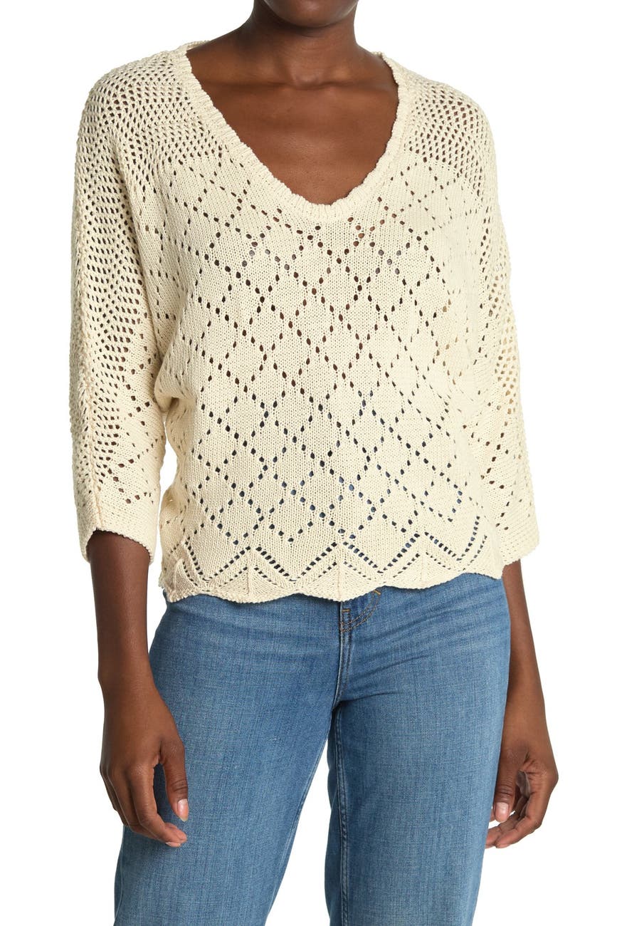 ALL IN FAVOR | Pointelle V-Neck 3/4 Sleeve Sweater | Nordstrom Rack