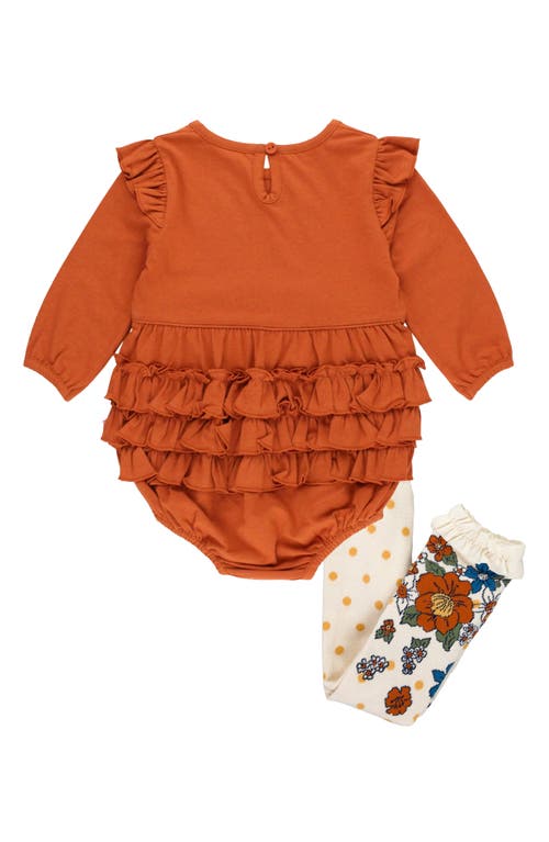 Shop Rufflebutts Long Sleeve Romper & Floral Leggings Set In Rust