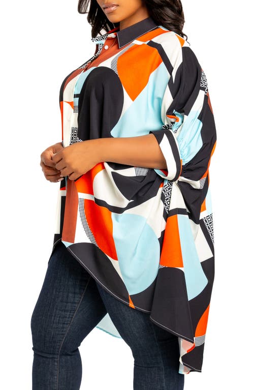 Buxom Couture Mixed Geo Print High-low Button-up Shirt In Orange Multi