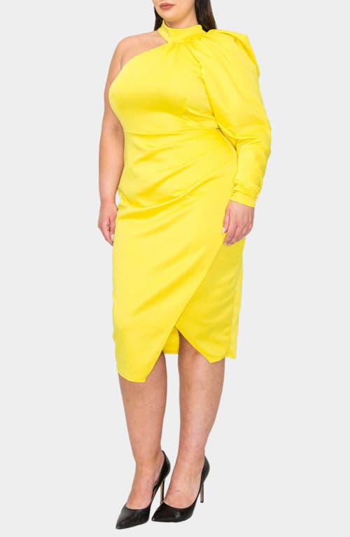 Shop L I V D Gigi One-shoulder Long Sleeve Midi Dress In Yellow