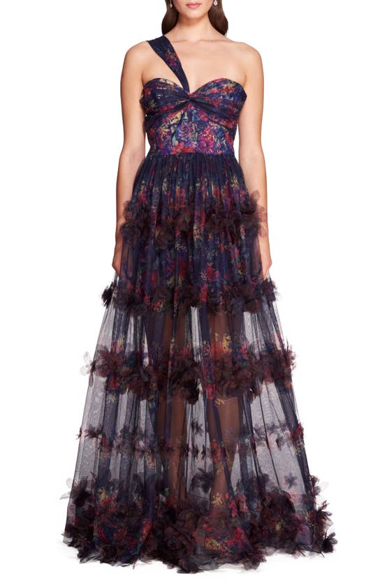 Marchesa Notte Watercolor Garland Print Tulle Gown In Navy Multi