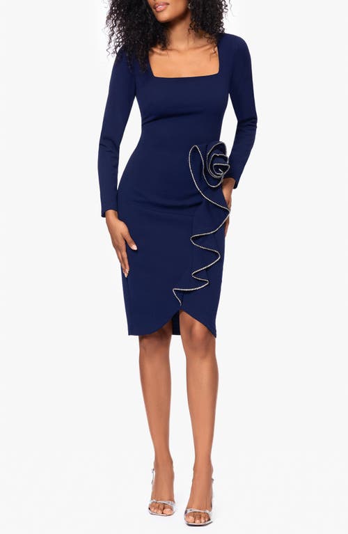 Shop Betsy & Adam Crystal Rosette Long Sleeve Sheath Cocktail Dress In Navy/crystal