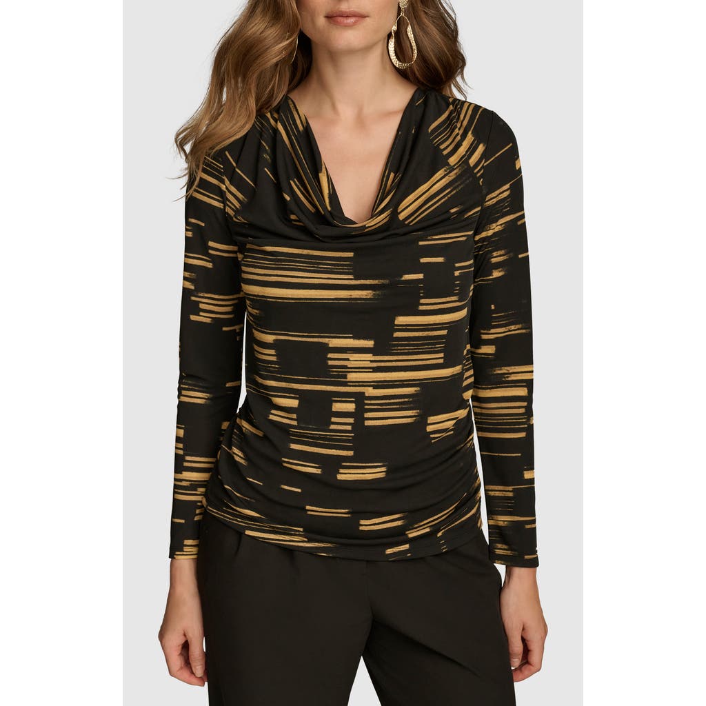 DONNA KARAN Stripe Cowl Neck Top in Black/Gold Multi
