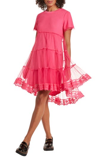 Shop Wishlist Short Sleeve Mesh Skirt Dress In Fuchsia