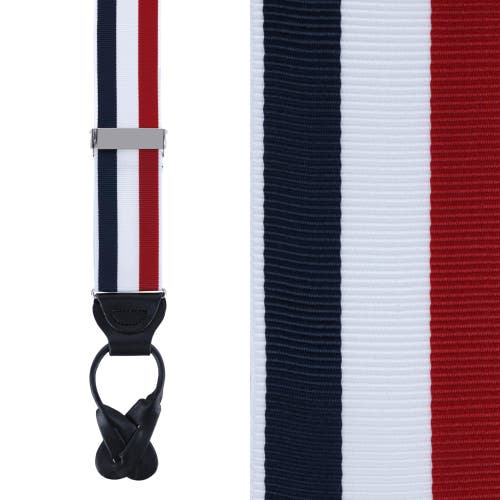 Trafalgar Balint 38mm Striped Non Stretch Grosgrain Ribbon Button End Suspenders In Red/ White/ And Blue