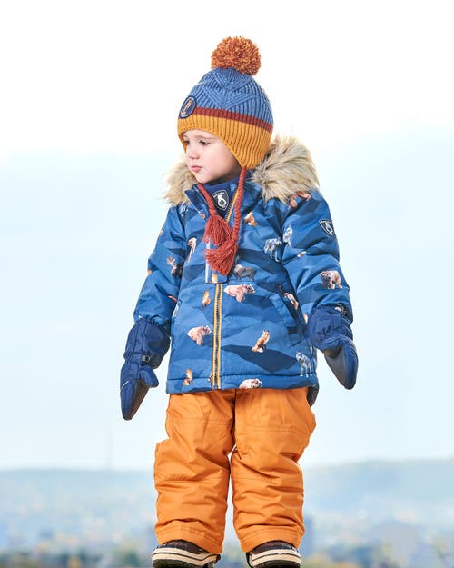 Shop Deux Par Deux Baby Boy's Two Piece Baby Snowsuit Ochre And Navy Printed Mountains Animals In Golden Oak