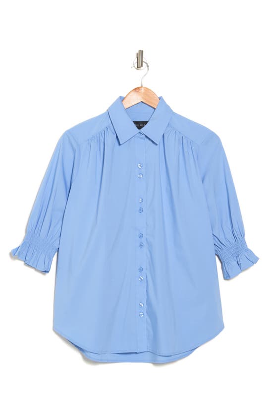 Shop Premise Studio Smocked Ruffle Shirt In French Blue