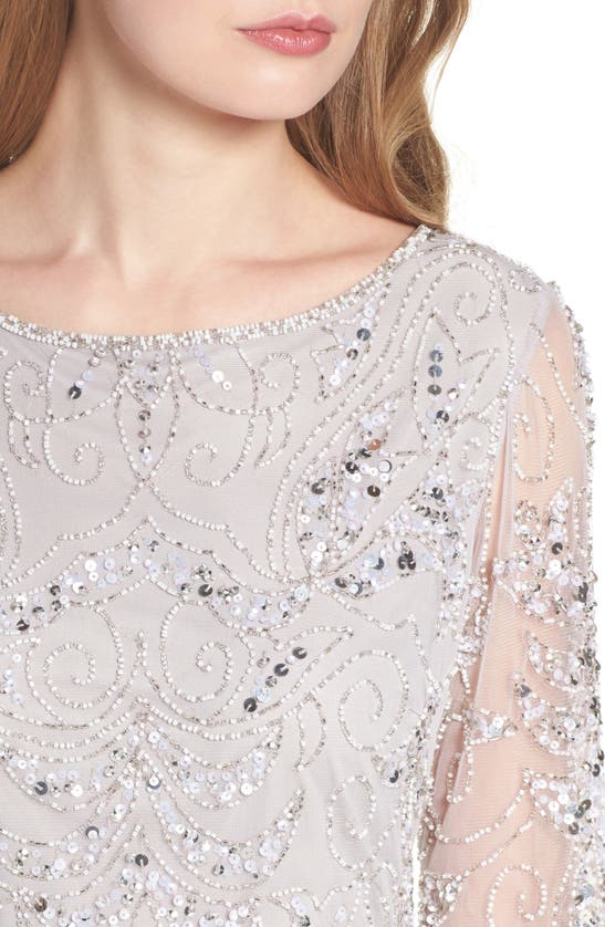 Pisarro Nights Illusion Sleeve Beaded A-line Gown In Silver