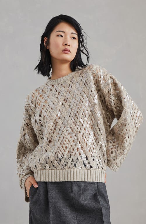 Shop Brunello Cucinelli Sweater With Dazzling Embroidery In Cool Beige