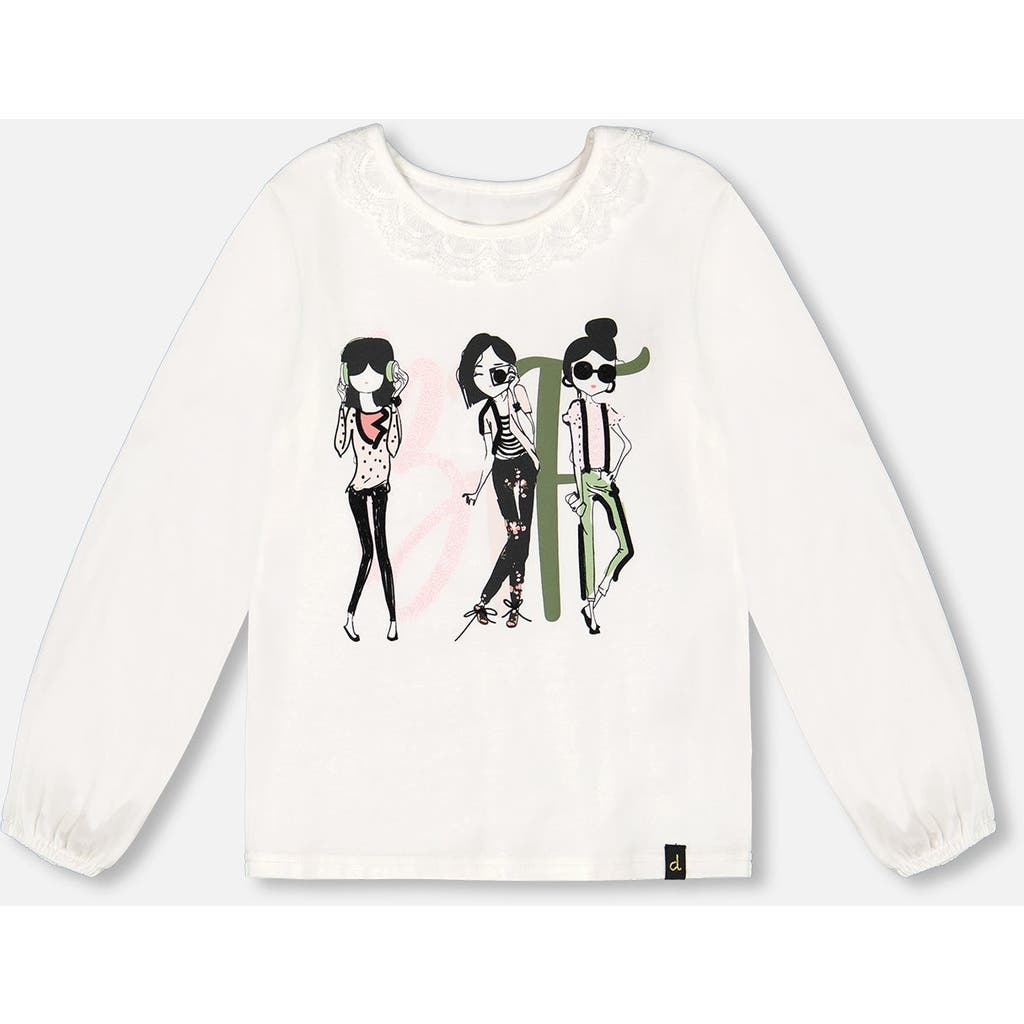 Deux Par Deux Kids' Little Girl's Print T-shirt With Lace Off White