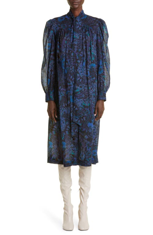 Dries Van Noten Dassana Floral Print Tie Neck Long Sleeve Cotton Midi Dress in Blue 504