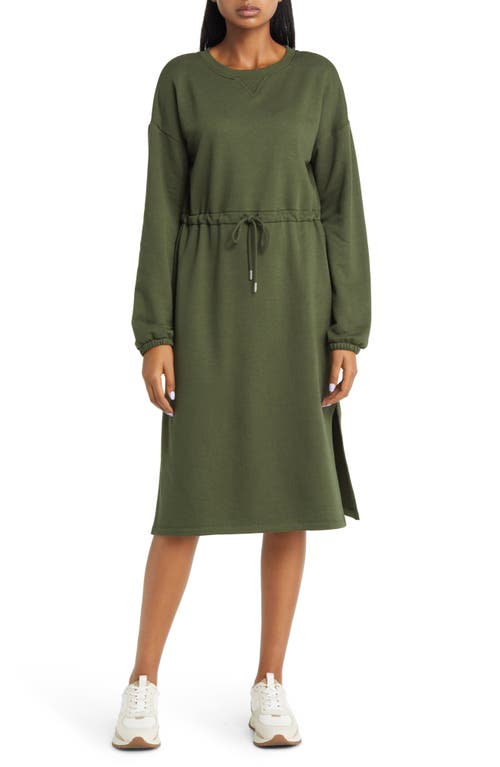 caslon(r) Drawcord Long Sleeve Cotton Blend Knit Dress in Green