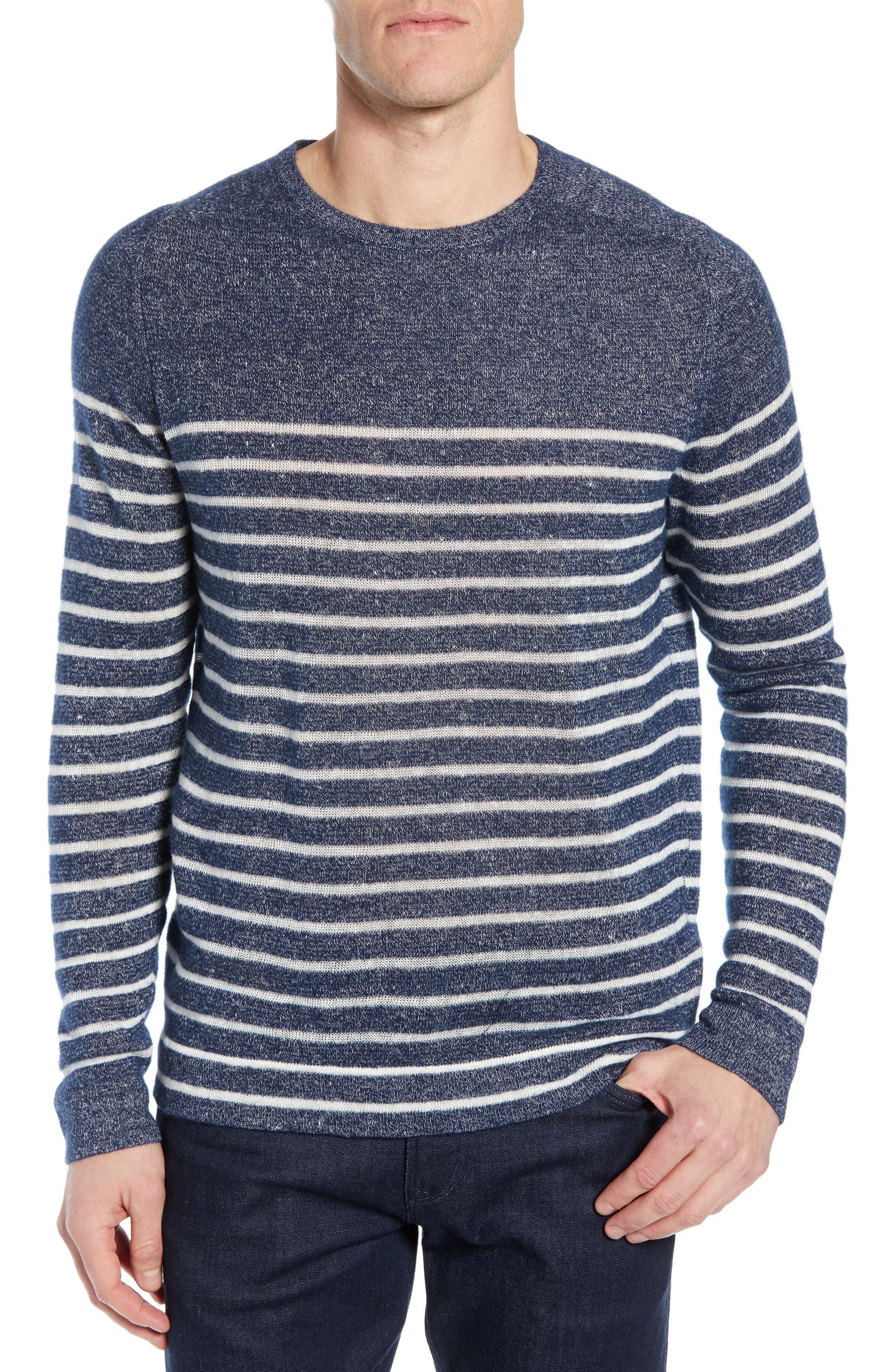 Nordstrom Signature Stripe Crewneck Cashmere & Linen Sweater, Blue