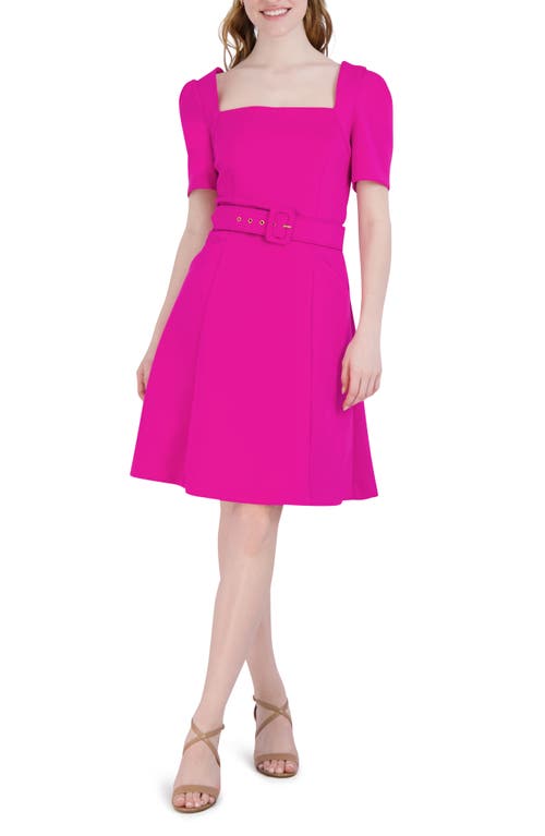 Square Neck Belted Fit & Flare Dress in Fuchsia