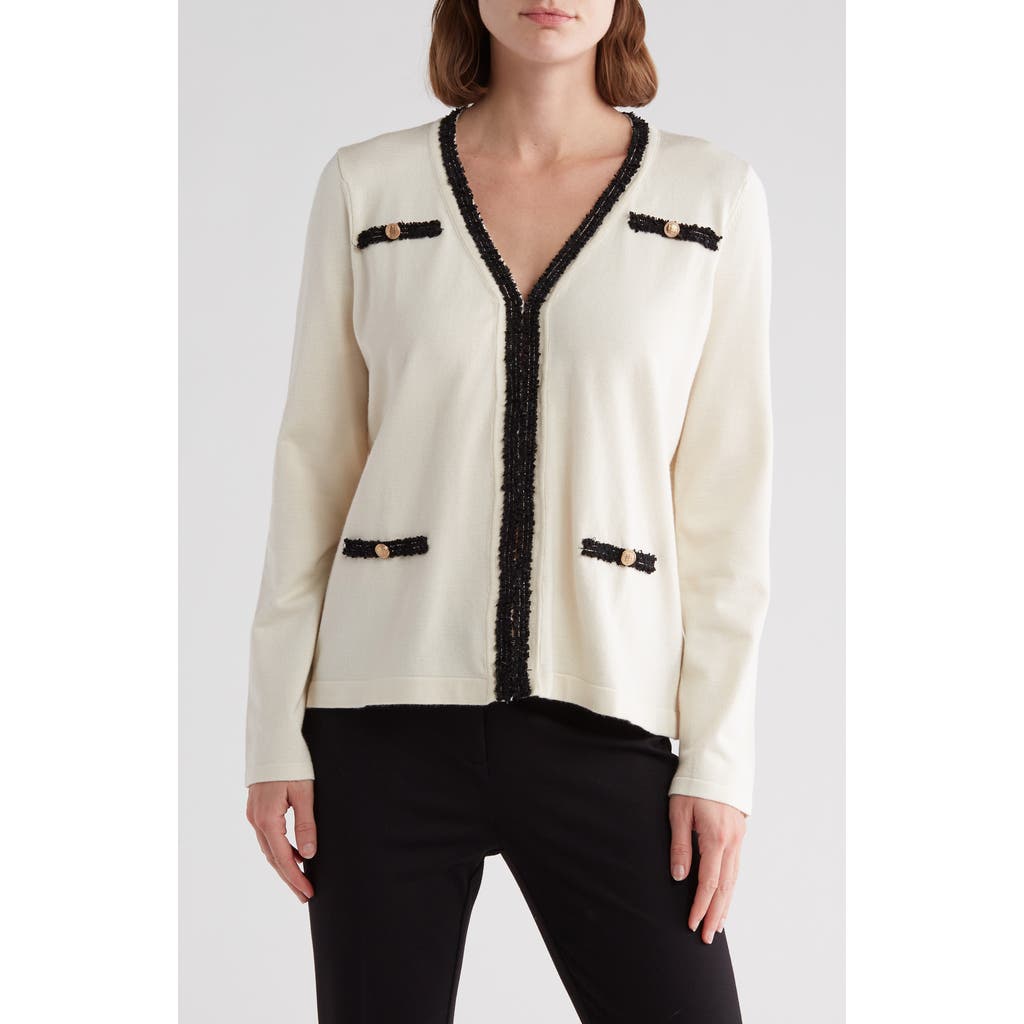 Adrianna Papell Boucle Trim V-neck Cardigan In White