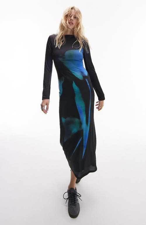 Floral Long Sleeve Midi Dress in Black/Blue Multi