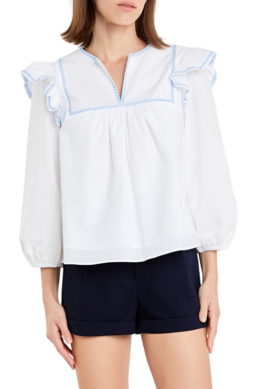 English Factory Embroidered Ruffle Balloon Sleeve Cotton Top In White/powder Blue