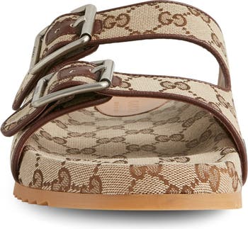 Men's slide sandal with straps in beige and ebony GG canvas