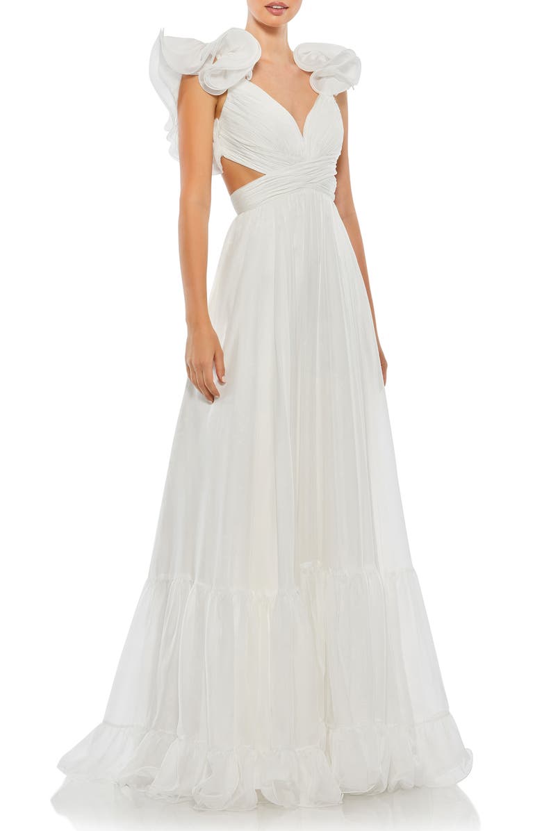MAC DUGGAL Rosette Chiffon Cutout Empire Waist Gown, Main, color, WHITE