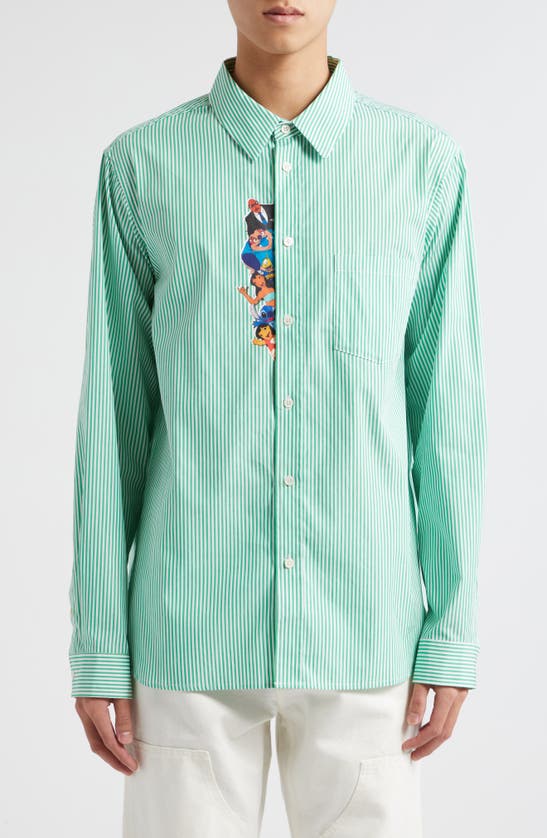 Wahine X Disney Gender Inclusive 'lilo & Stitch' Waimea Stripe Button-up Shirt In Green/ White