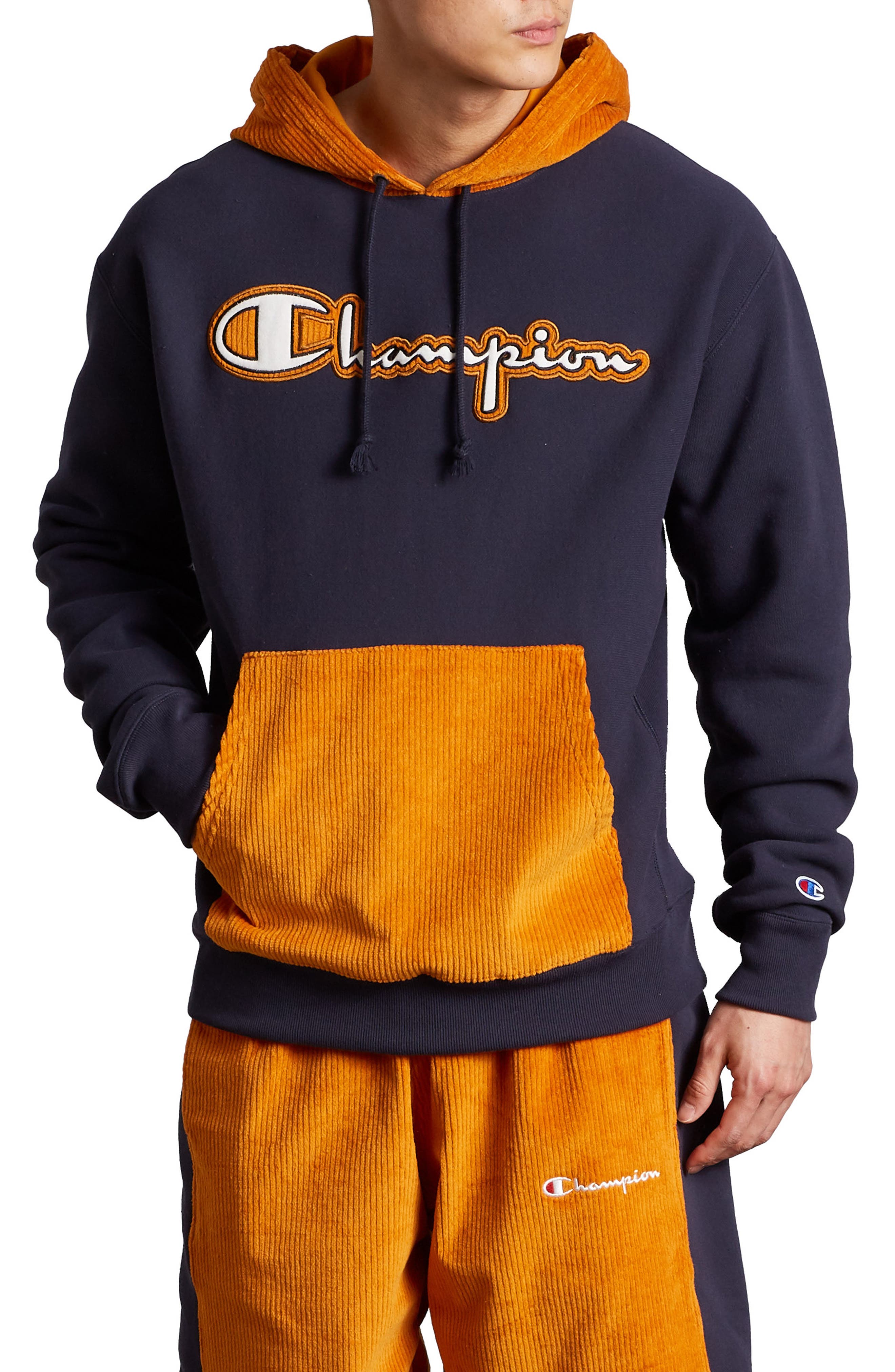Champion Life Men's Reverse Weave Corduroy Pullover Navy/Status Gold Hoodie